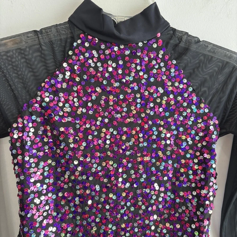 Balera Dance Skating Dress Costume size LC Black Colorful Confetti Sequin Mesh